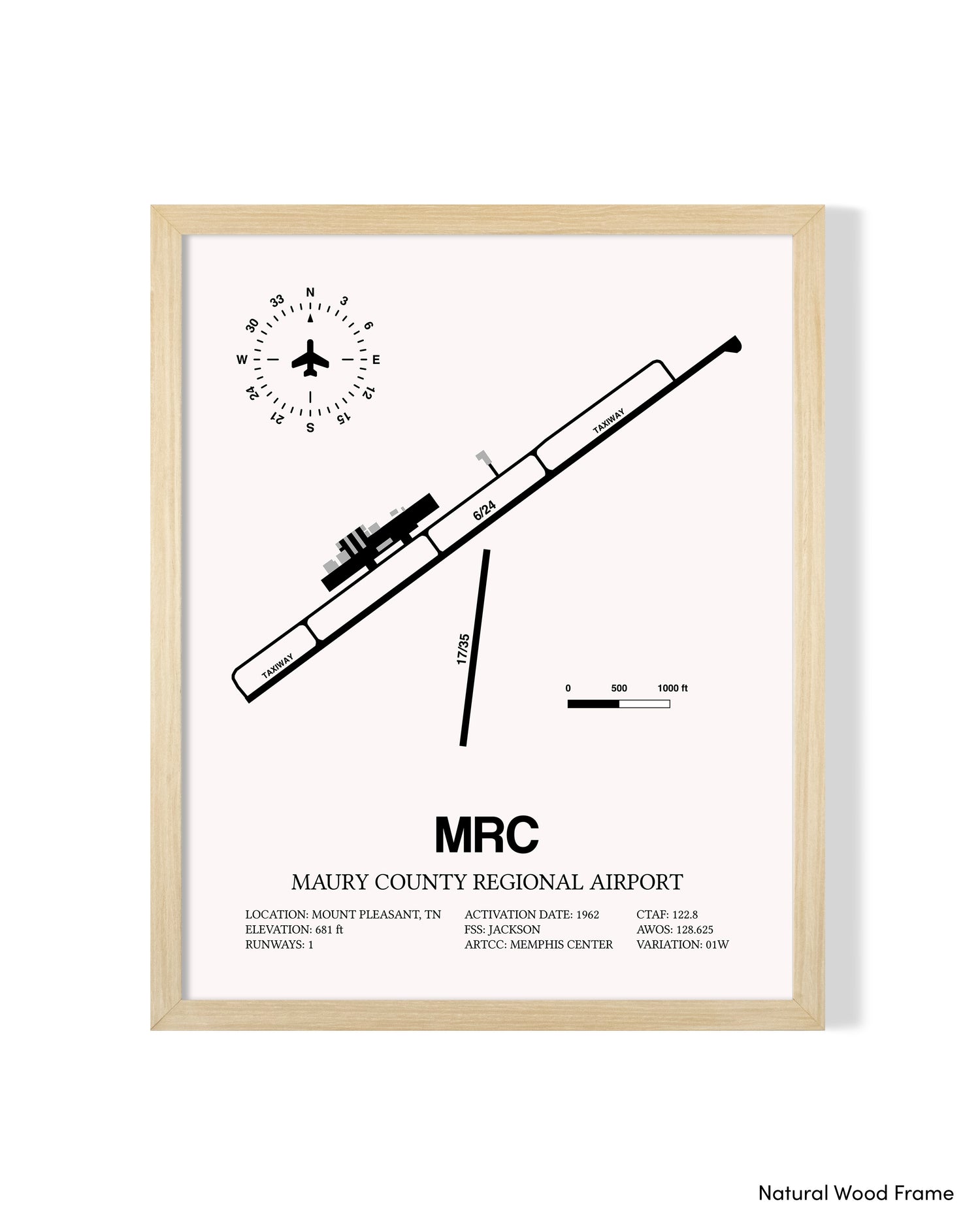 Detailed Airport Map of Maury County Regional Airport (MRC) in White with a Natural Frame
