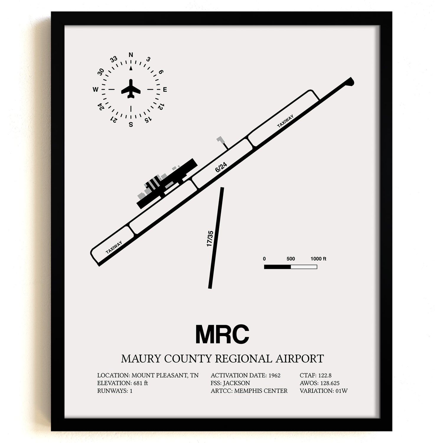 Framed Detailed Airport Map of Maury County Regional Airport (MRC) in White with a Black Frame