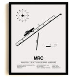 Framed Detailed Airport Map of Maury County Regional Airport (MRC) in White with a Black Frame