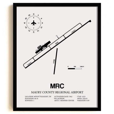 Framed Detailed Airport Map of Maury County Regional Airport (MRC) in White with a Black Frame