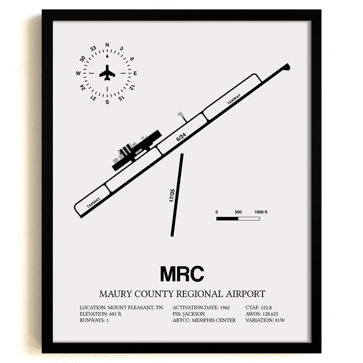Framed Detailed Airport Map of Maury County Regional Airport (MRC) in White with a Black Frame