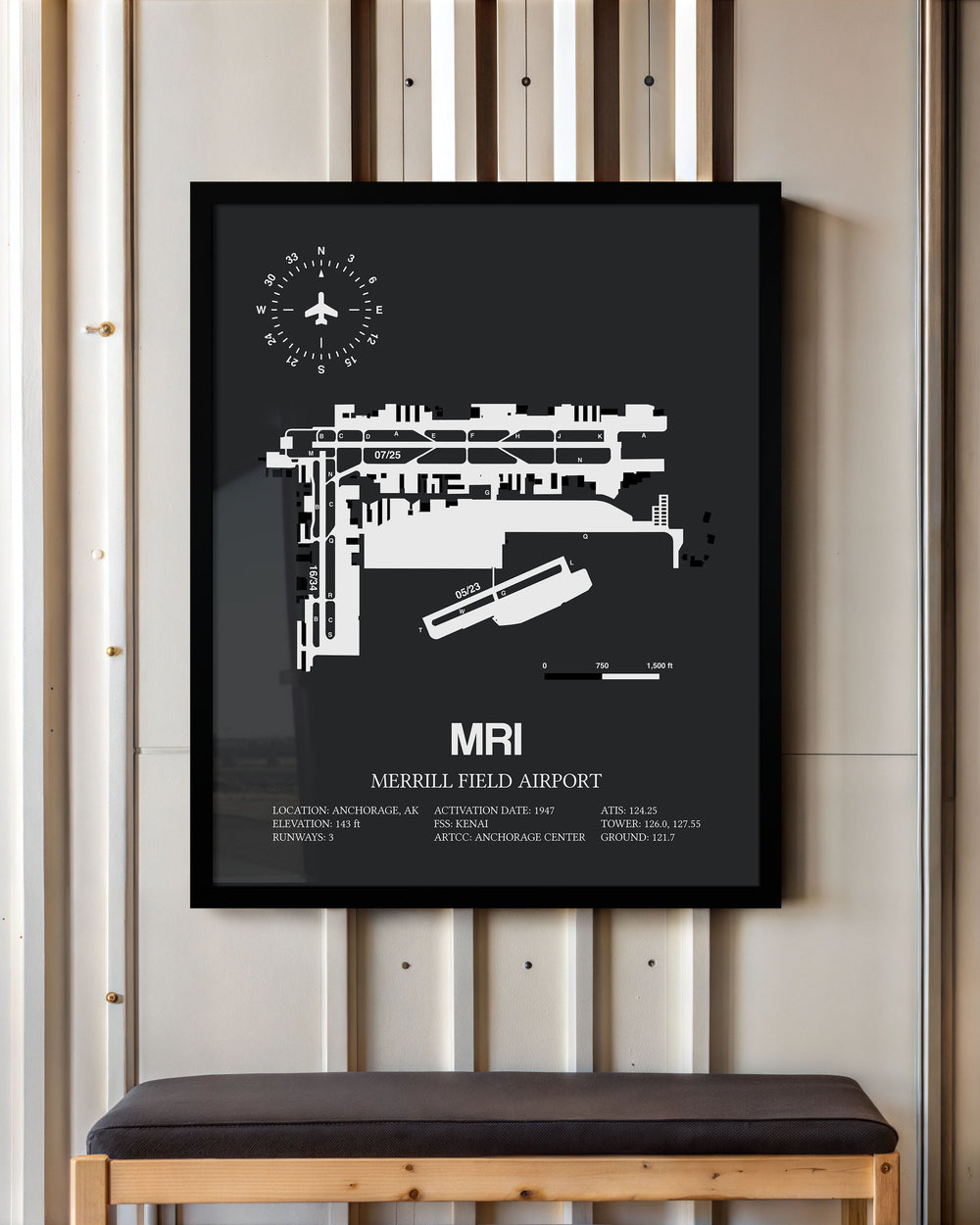 Framed Detailed Airport Map of Merrill Field Airport (MRI) in Gray with a Black Frame