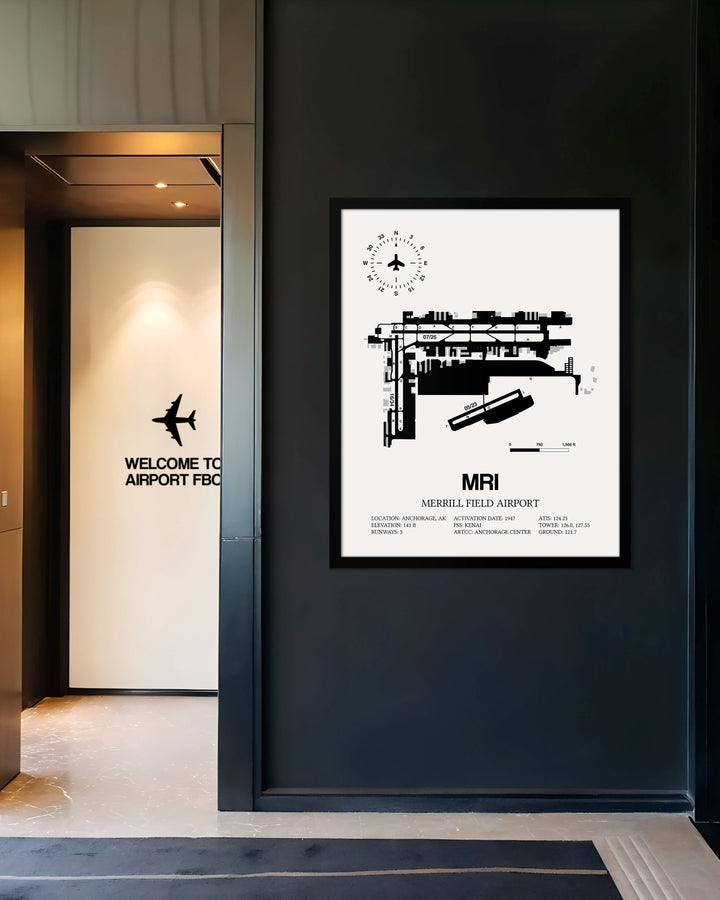 Framed Detailed Airport Map of Merrill Field Airport (MRI) in White with a Black Frame