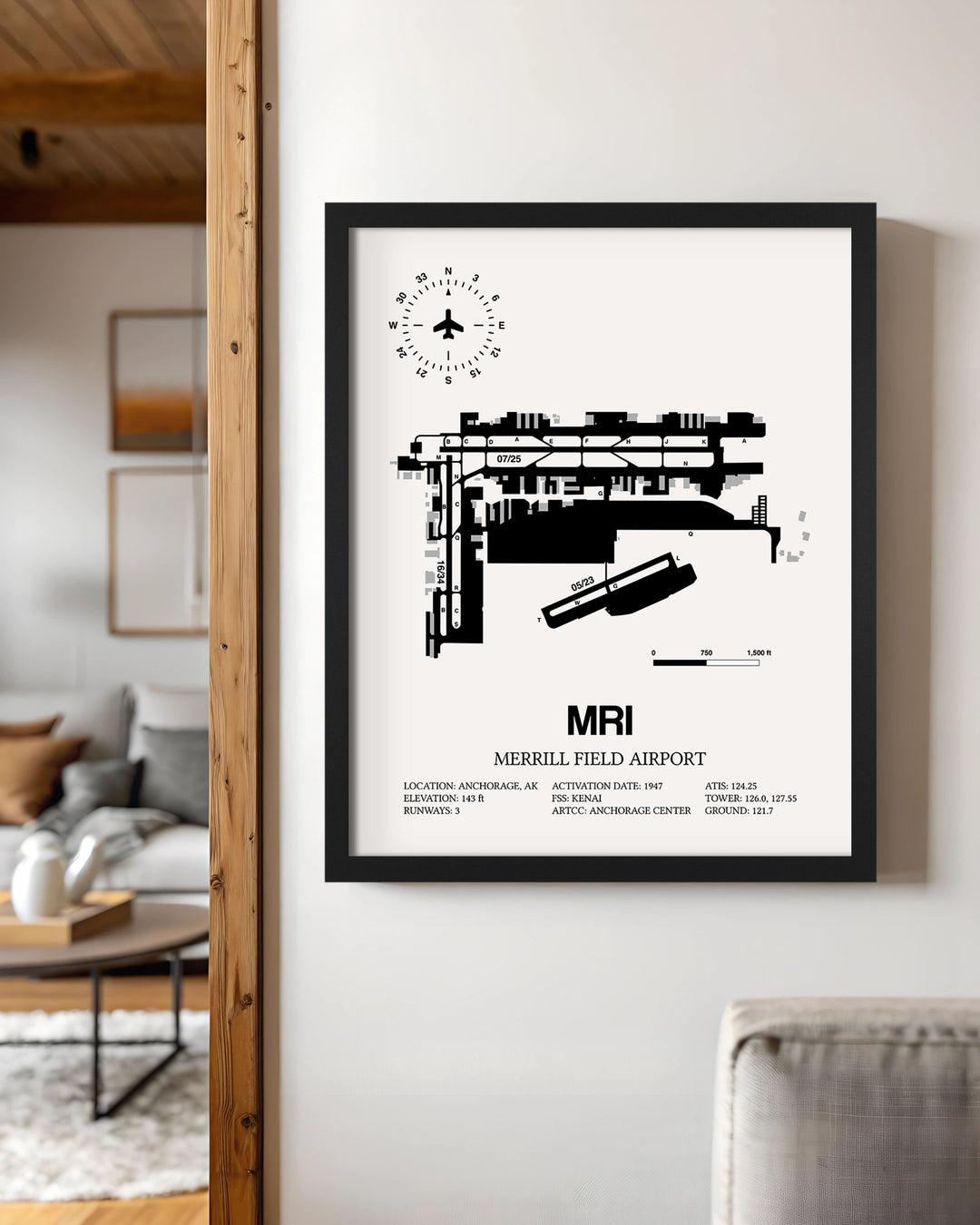 Framed Detailed Airport Map of Merrill Field Airport (MRI) in White with a Black Frame