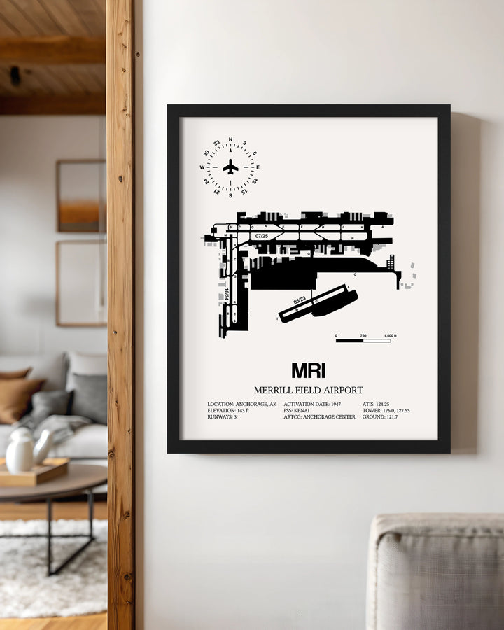 Framed Detailed Airport Map of Merrill Field Airport (MRI) in White with a Black Frame