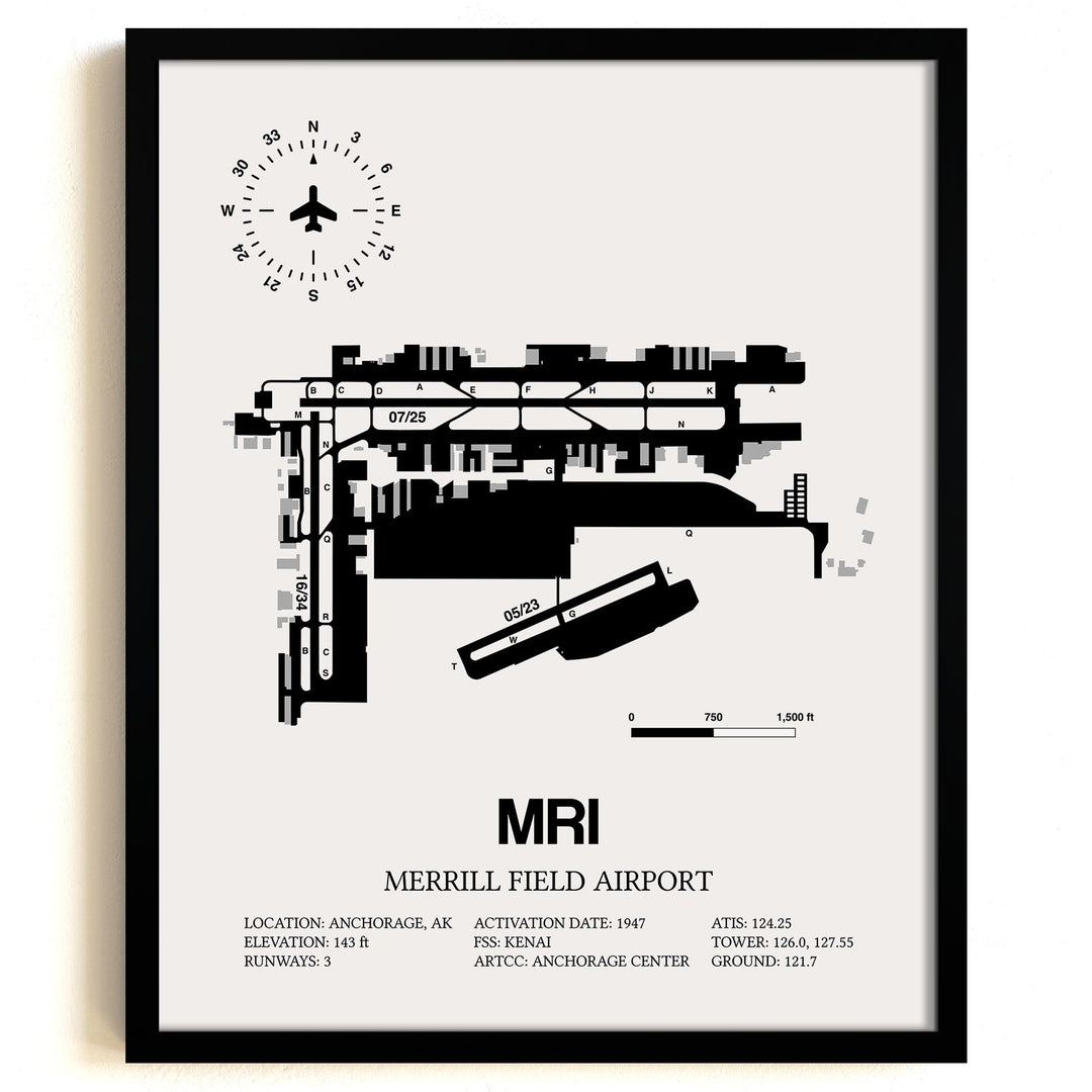 Framed Detailed Airport Map of Merrill Field Airport (MRI) in White with a Black Frame