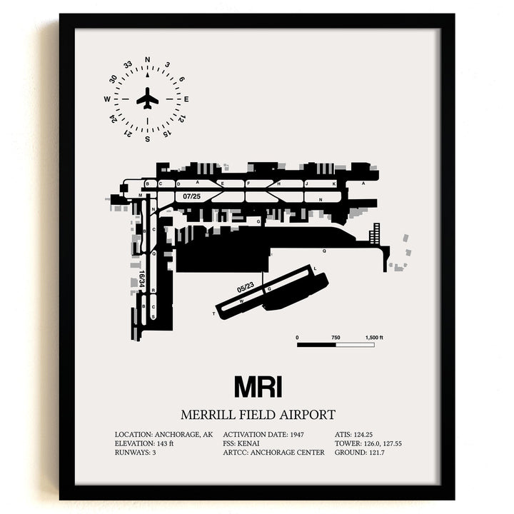 Framed Detailed Airport Map of Merrill Field Airport (MRI) in White with a Black Frame