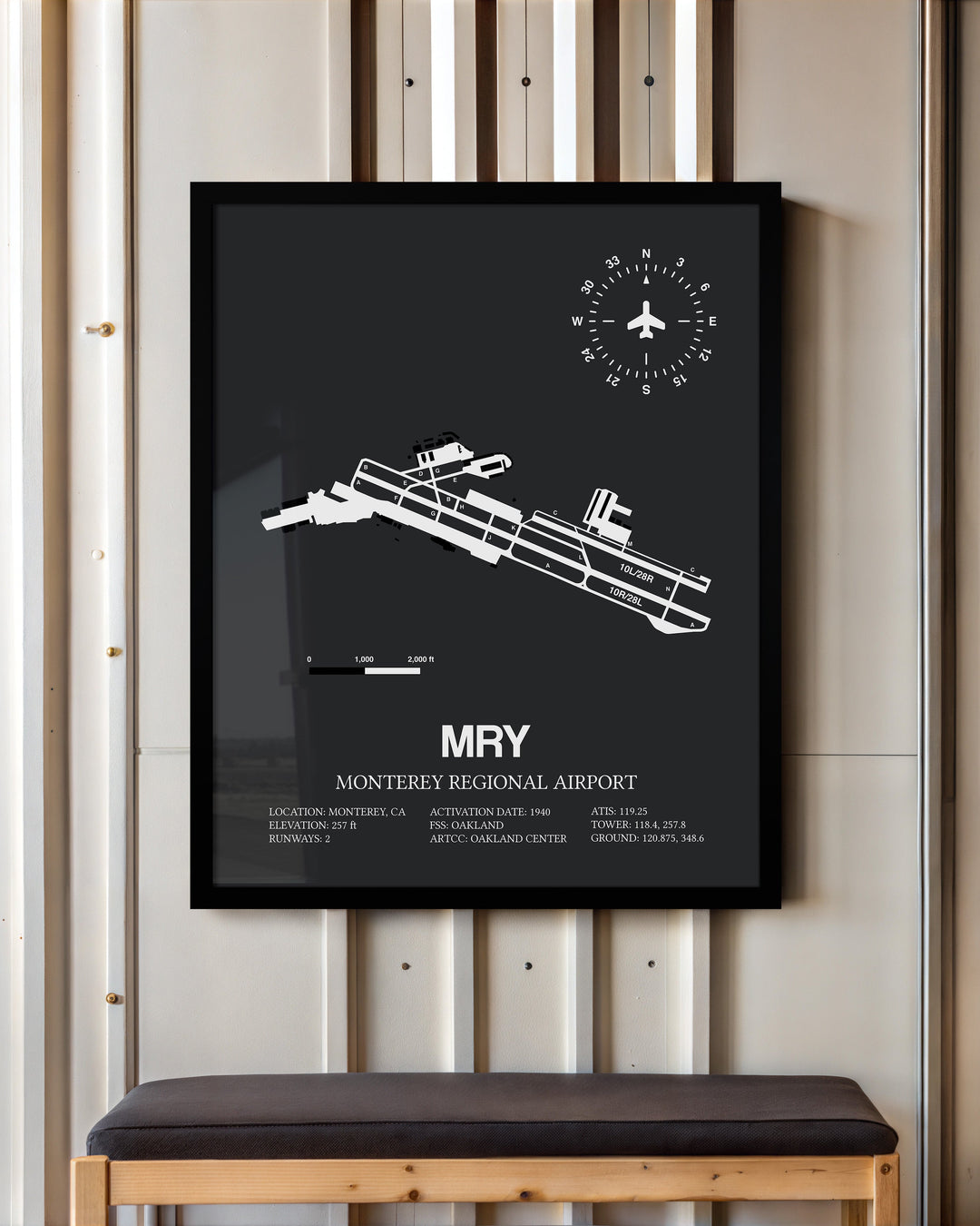 Framed Detailed Airport Map of Monterey Regional Airport (MRY) in Gray with a Black Frame
