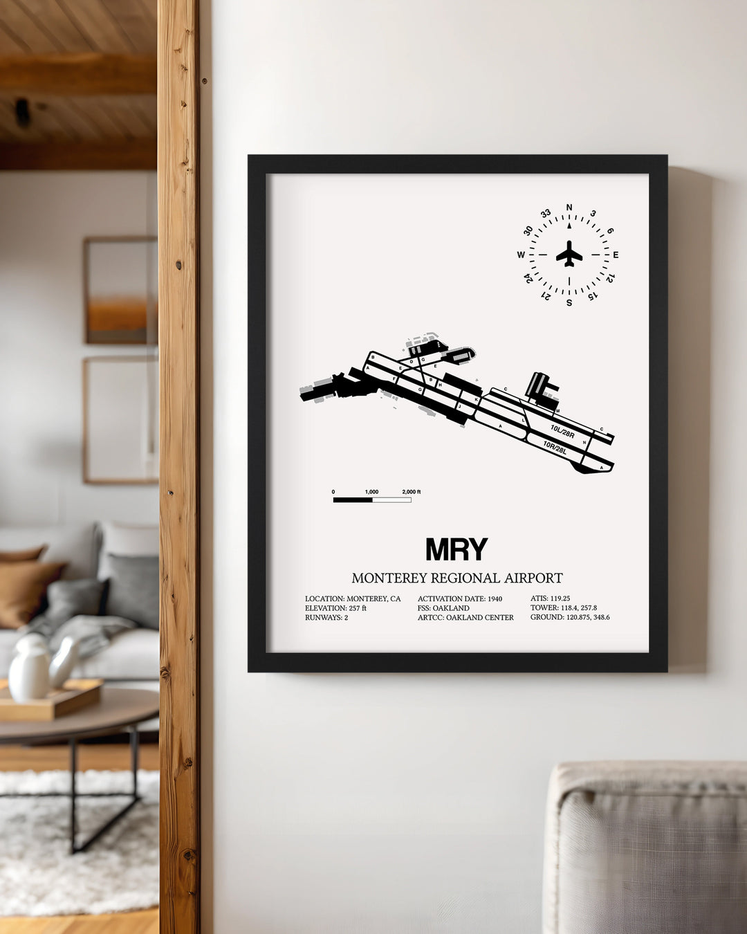 Framed Detailed Airport Map of Monterey Regional Airport (MRY) in White with a Black Frame