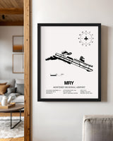 Framed Detailed Airport Map of Monterey Regional Airport (MRY) in White with a Black Frame
