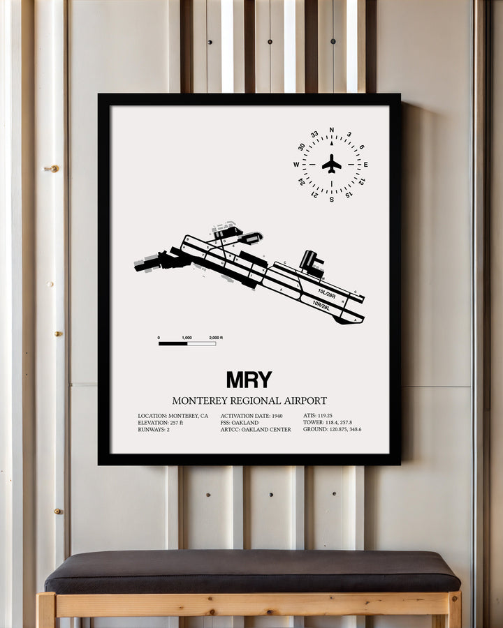 Framed Detailed Airport Map of Monterey Regional Airport (MRY) in White with a Black Frame