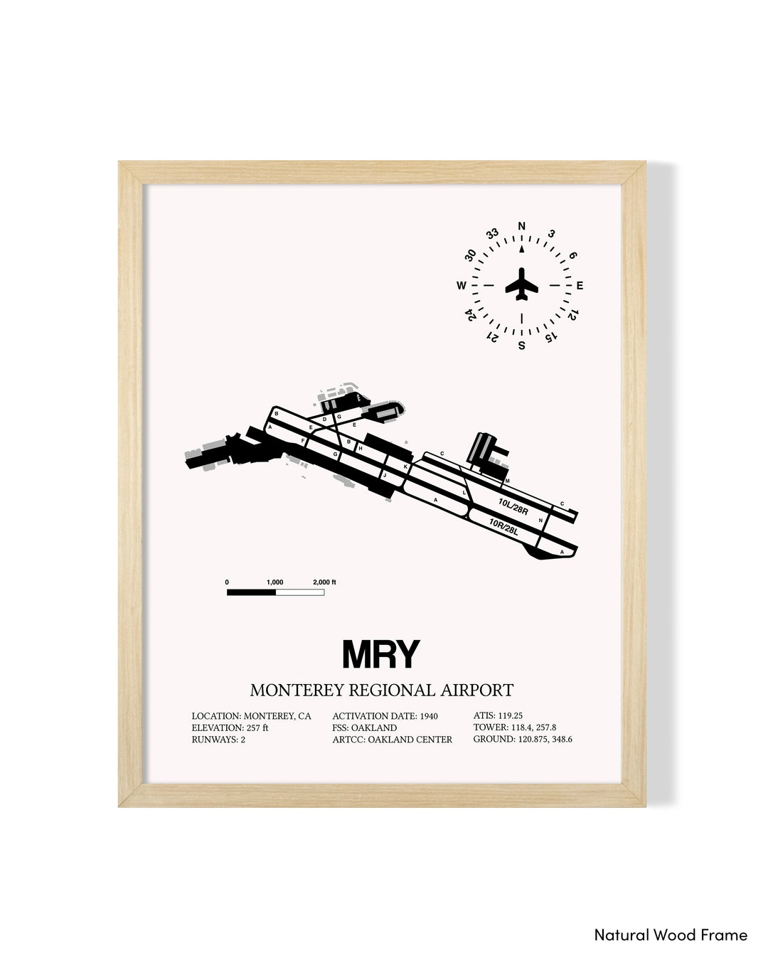 Detailed Airport Map of Monterey Regional Airport (MRY) in White with a Natural Frame