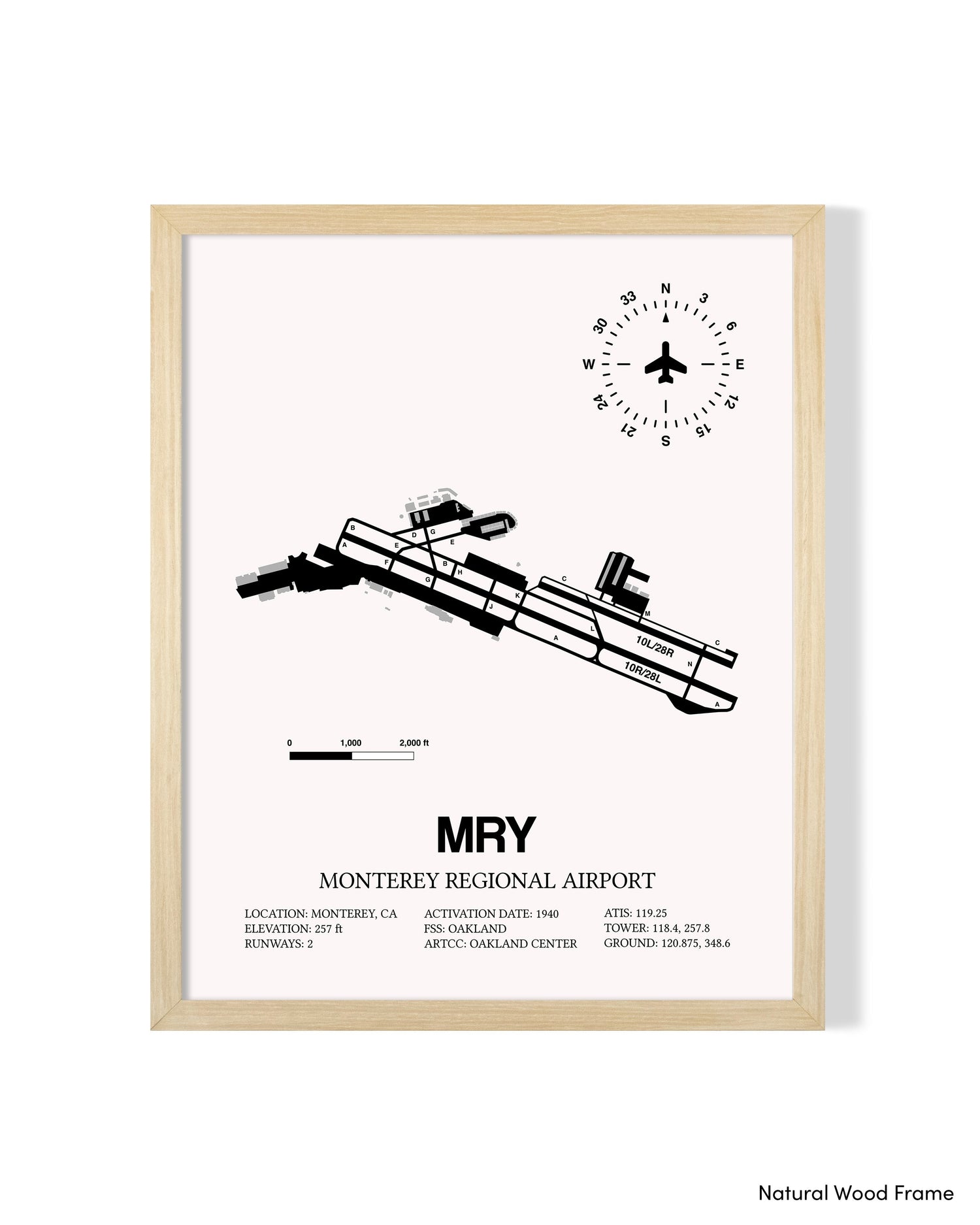 Detailed Airport Map of Monterey Regional Airport (MRY) in White with a Natural Frame