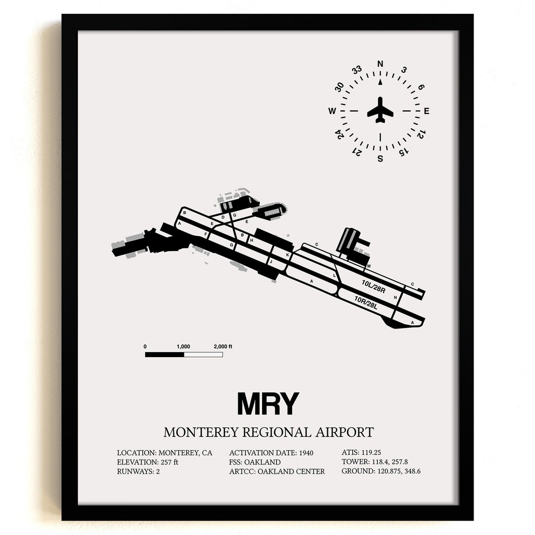 Framed Detailed Airport Map of Monterey Regional Airport (MRY) in White with a Black Frame