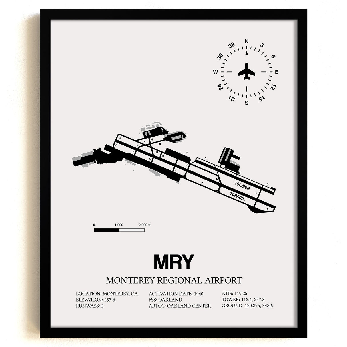 Framed Detailed Airport Map of Monterey Regional Airport (MRY) in White with a Black Frame