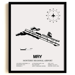 Framed Detailed Airport Map of Monterey Regional Airport (MRY) in White with a Black Frame