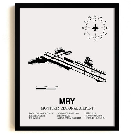 Framed Detailed Airport Map of Monterey Regional Airport (MRY) in White with a Black Frame