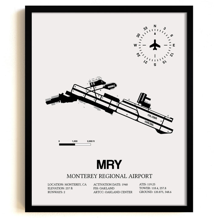 Framed Detailed Airport Map of Monterey Regional Airport (MRY) in White with a Black Frame