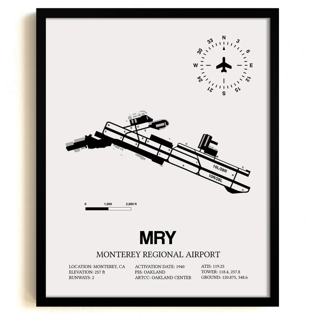 Monterey Regional Airport (MRY) Framed Detailed Airport Map – SkyBirdSupply