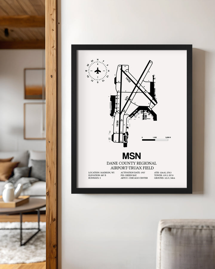 Framed Detailed Airport Map of Dane County Regional Airport-Truax Field (MSN) in White with a Black Frame