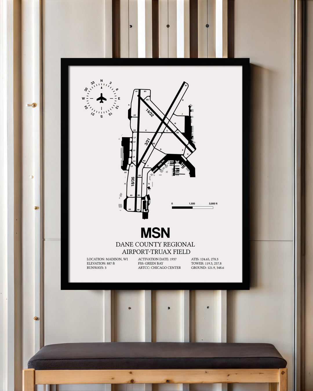 Framed Detailed Airport Map of Dane County Regional Airport-Truax Field (MSN) in White with a Black Frame