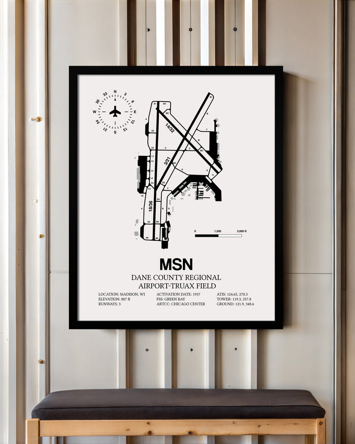 Framed Detailed Airport Map of Dane County Regional Airport-Truax Field (MSN) in White with a Black Frame