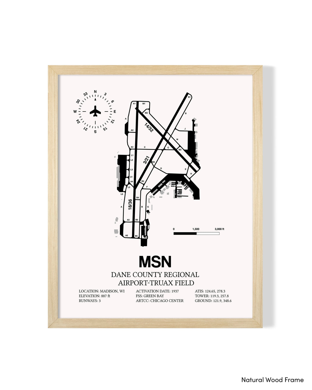 Detailed Airport Map of Dane County Regional Airport-Truax Field (MSN) in White with a Natural Frame