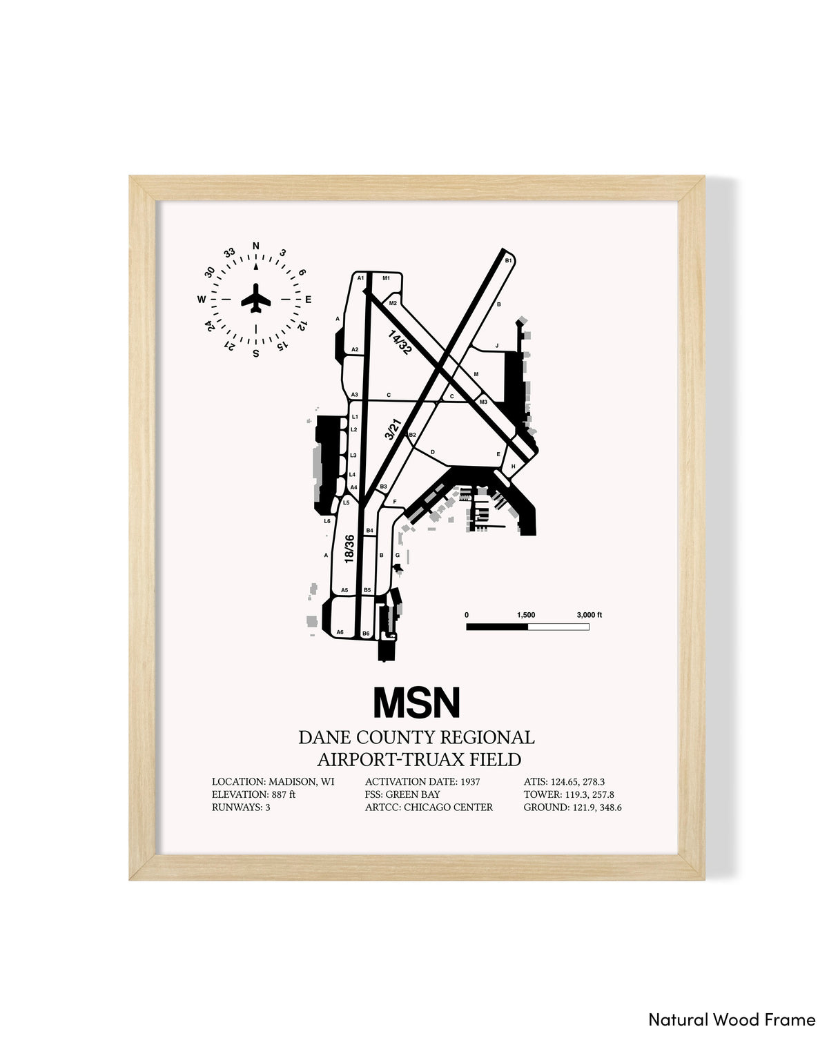 Detailed Airport Map of Dane County Regional Airport-Truax Field (MSN) in White with a Natural Frame