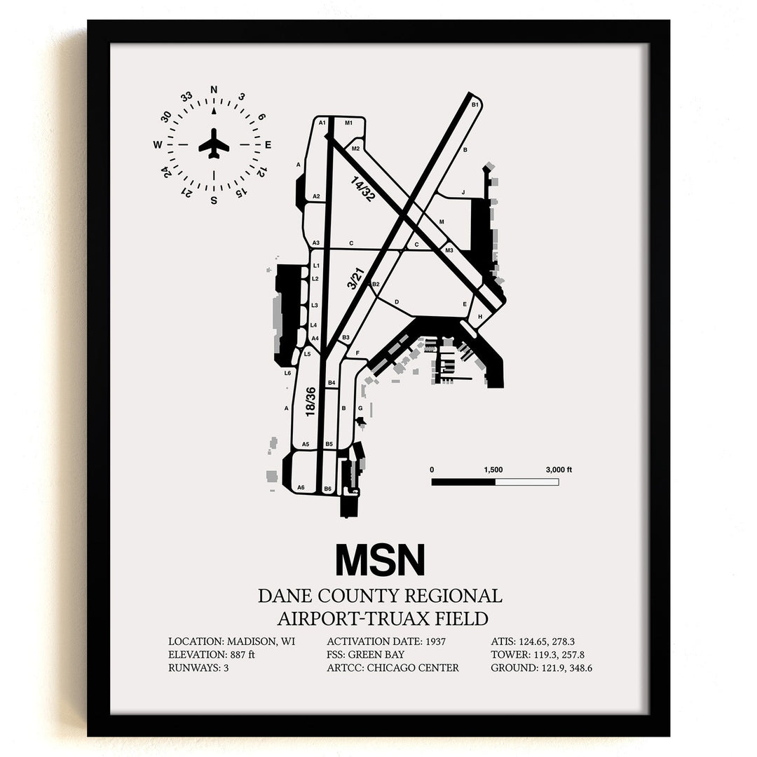 Framed Detailed Airport Map of Dane County Regional Airport-Truax Field (MSN) in White with a Black Frame
