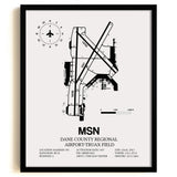 Framed Detailed Airport Map of Dane County Regional Airport-Truax Field (MSN) in White with a Black Frame