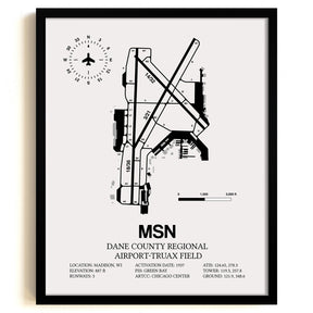 Framed Detailed Airport Map of Dane County Regional Airport-Truax Field (MSN) in White with a Black Frame