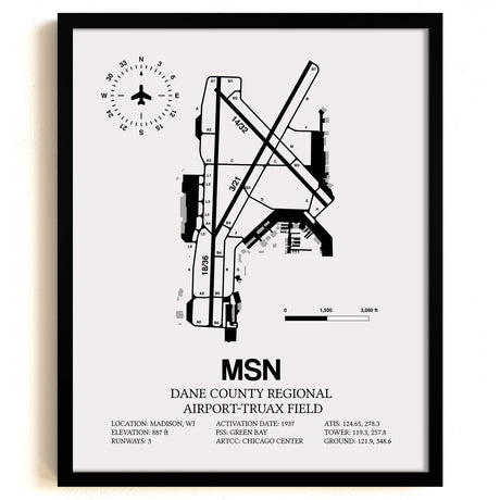 Framed Detailed Airport Map of Dane County Regional Airport-Truax Field (MSN) in White with a Black Frame