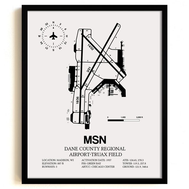 Framed Detailed Airport Map of Dane County Regional Airport-Truax Field (MSN) in White with a Black Frame