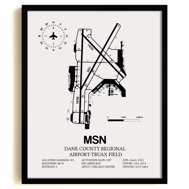 Framed Detailed Airport Map of Dane County Regional Airport-Truax Field (MSN) in White with a Black Frame