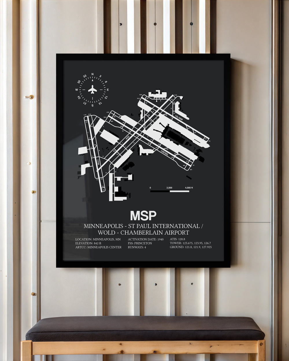 Framed Detailed Airport Map of Minneapolis-St Paul International/Wold-Chamberlain Airport (MSP) in Gray with a Black Frame