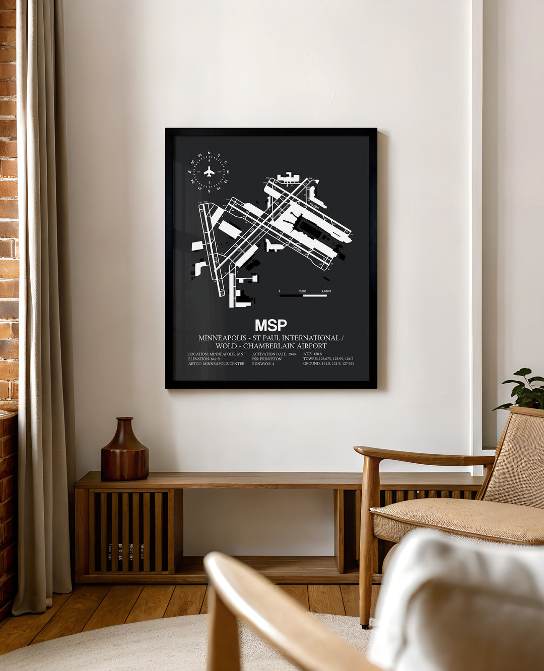 Framed Detailed Airport Map of Minneapolis-St Paul International/Wold-Chamberlain Airport (MSP) in Gray with a Black Frame