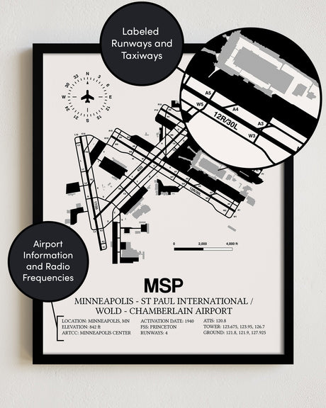 Framed Detailed Airport Map of Minneapolis-St Paul International/Wold-Chamberlain Airport (MSP) in White with a Black Frame