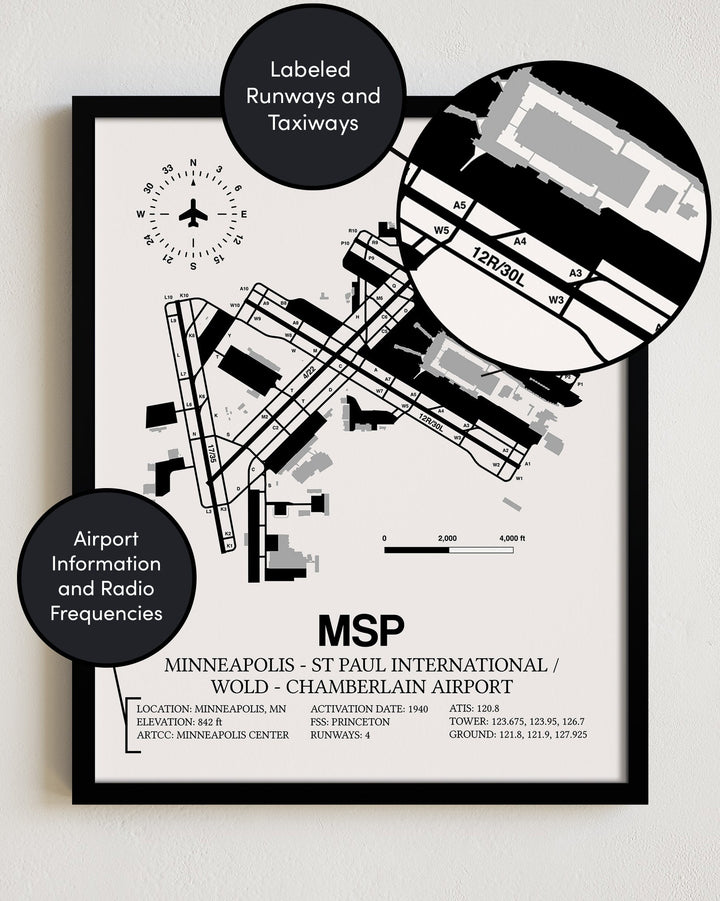 Framed Detailed Airport Map of Minneapolis-St Paul International/Wold-Chamberlain Airport (MSP) in White with a Black Frame