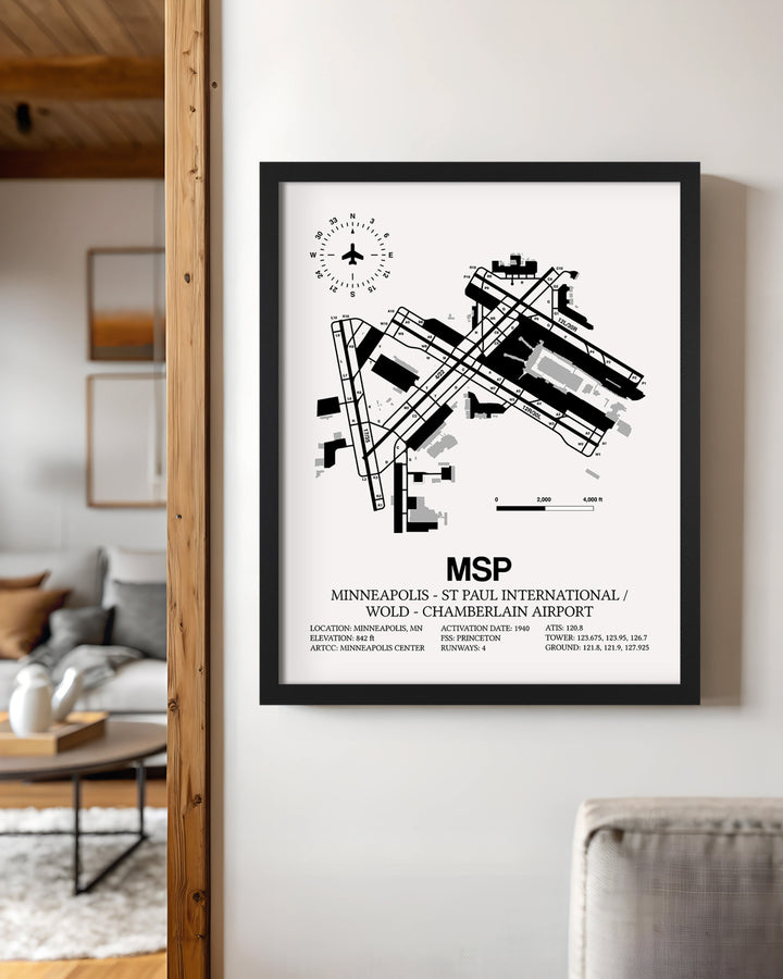Framed Detailed Airport Map of Minneapolis-St Paul International/Wold-Chamberlain Airport (MSP) in White with a Black Frame