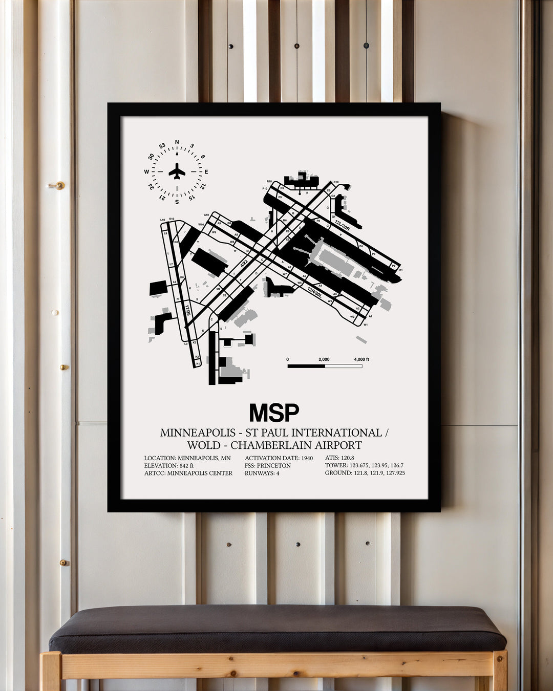 Framed Detailed Airport Map of Minneapolis-St Paul International/Wold-Chamberlain Airport (MSP) in White with a Black Frame