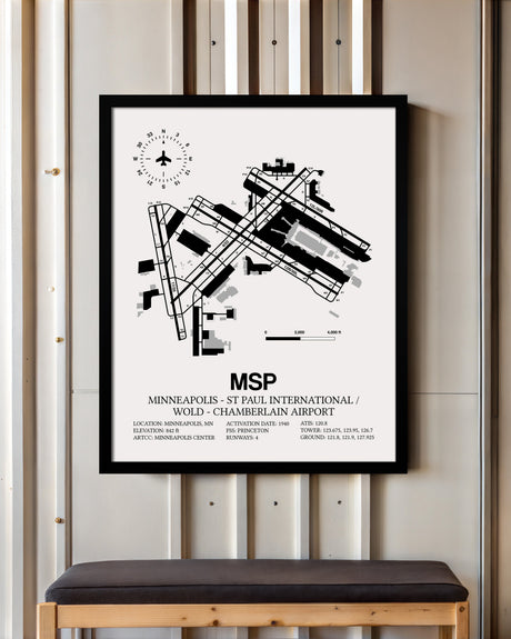 Framed Detailed Airport Map of Minneapolis-St Paul International/Wold-Chamberlain Airport (MSP) in White with a Black Frame
