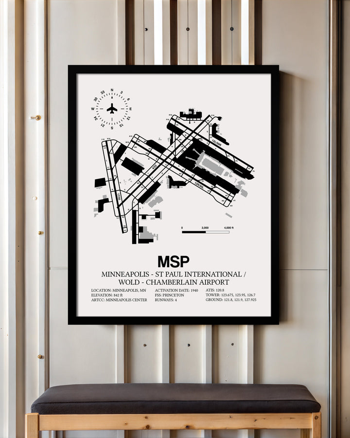 Framed Detailed Airport Map of Minneapolis-St Paul International/Wold-Chamberlain Airport (MSP) in White with a Black Frame