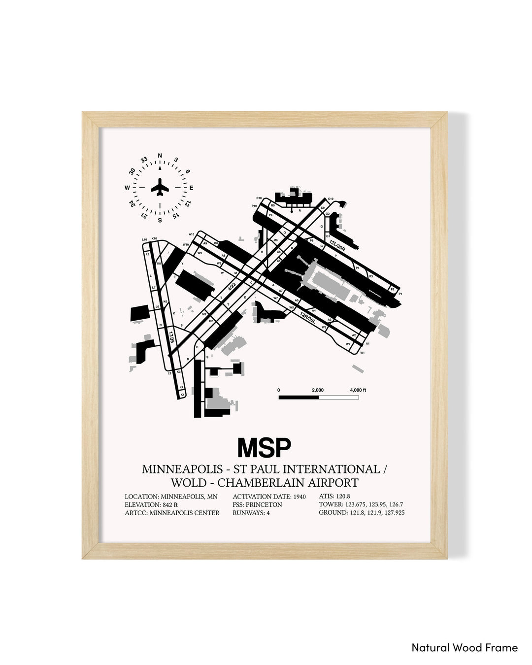 Detailed Airport Map of Minneapolis-St Paul International/Wold-Chamberlain Airport (MSP) in White with a Natural Frame