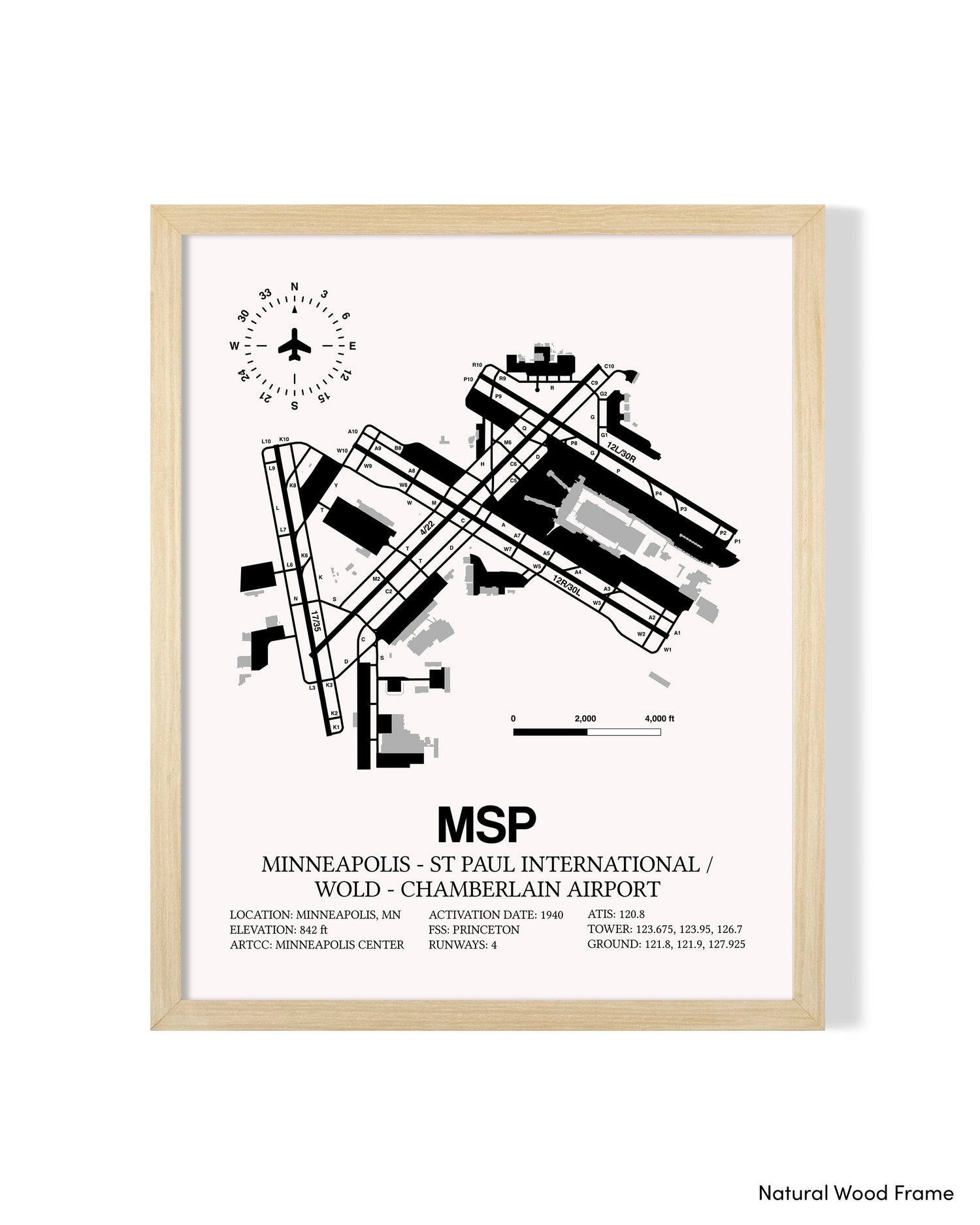 Detailed Airport Map of Minneapolis-St Paul International/Wold-Chamberlain Airport (MSP) in White with a Natural Frame