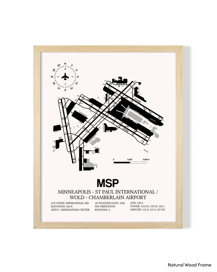 Detailed Airport Map of Minneapolis-St Paul International/Wold-Chamberlain Airport (MSP) in White with a Natural Frame