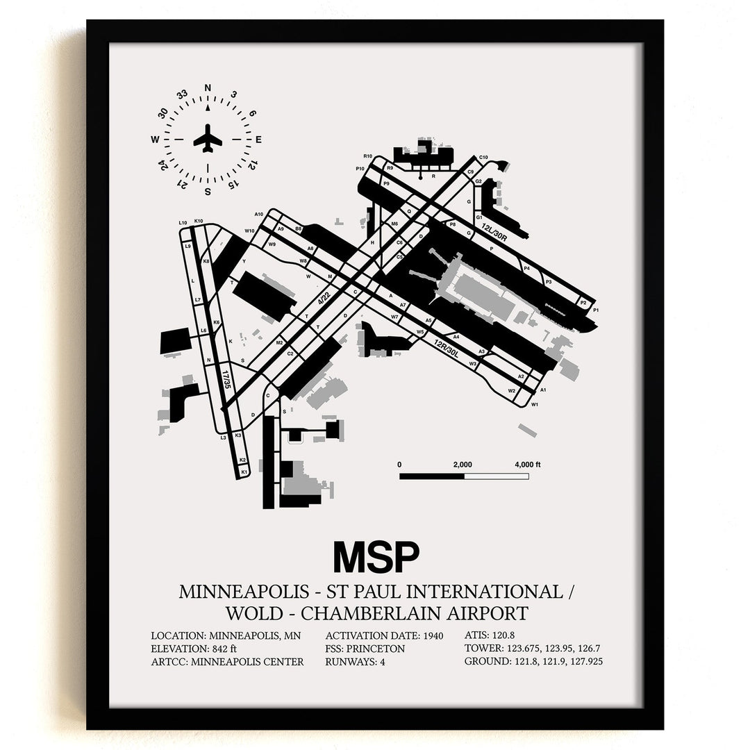 Framed Detailed Airport Map of Minneapolis-St Paul International/Wold-Chamberlain Airport (MSP) in White with a Black Frame