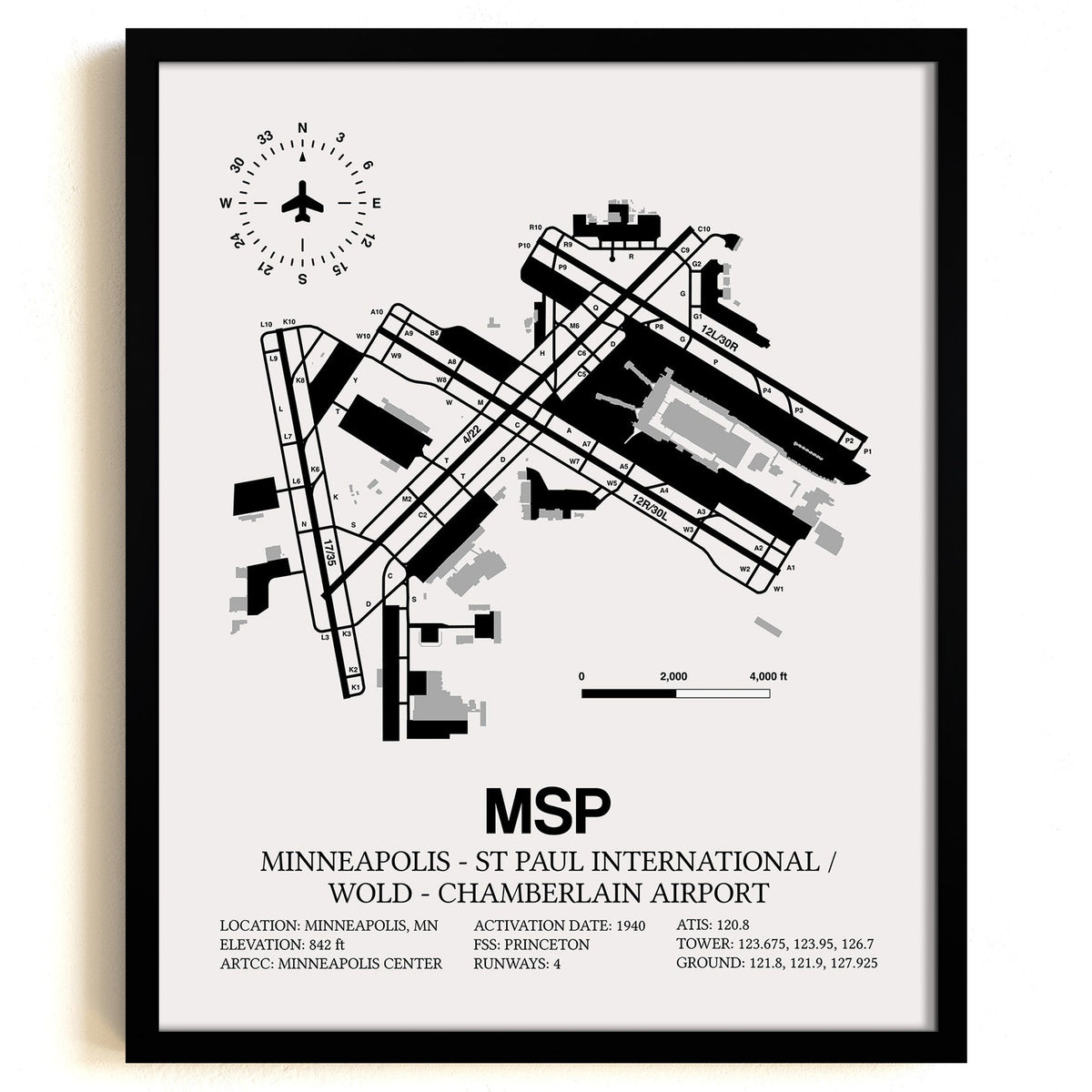 Framed Detailed Airport Map of Minneapolis-St Paul International/Wold-Chamberlain Airport (MSP) in White with a Black Frame
