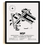 Framed Detailed Airport Map of Minneapolis-St Paul International/Wold-Chamberlain Airport (MSP) in White with a Black Frame