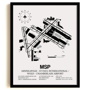 Framed Detailed Airport Map of Minneapolis-St Paul International/Wold-Chamberlain Airport (MSP) in White with a Black Frame