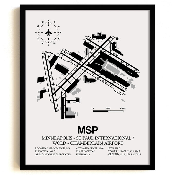 Framed Detailed Airport Map of Minneapolis-St Paul International/Wold-Chamberlain Airport (MSP) in White with a Black Frame
